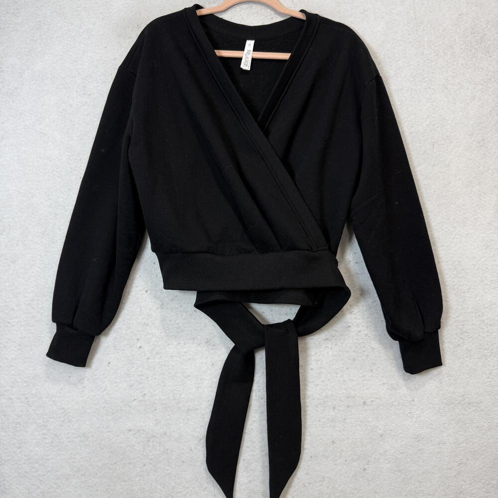Latched Mama Sweatshirt Womens Medium Black Wrap V Neck Tie Waist Fleece Top